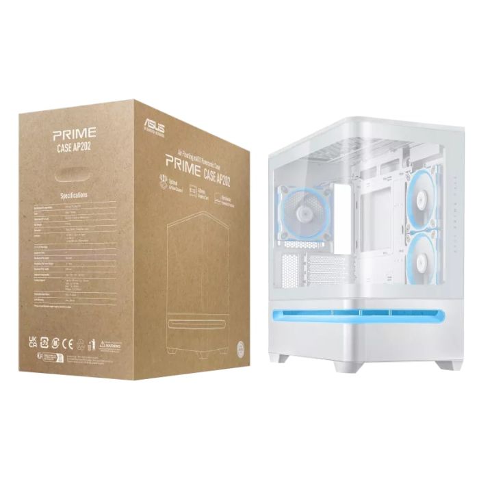 Prime AP202 Tempered Glas, without PSU, 2xUSB3.2, 1xUSB Type-C, Tempered Glass side, mATX, WHITE ASUS 90DC00P3-B19000