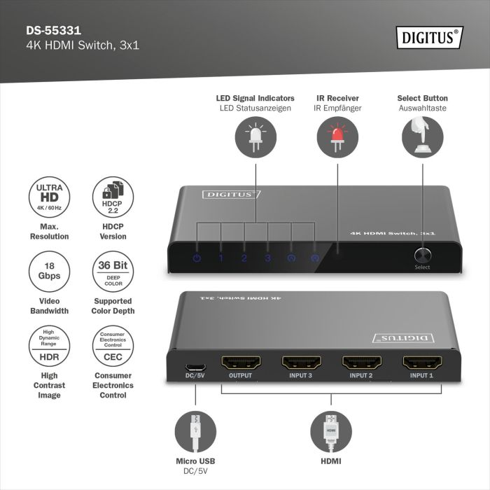 Відеокомутатор DIGITUS UHD HDMI (INx3 - OUTx1), 4K