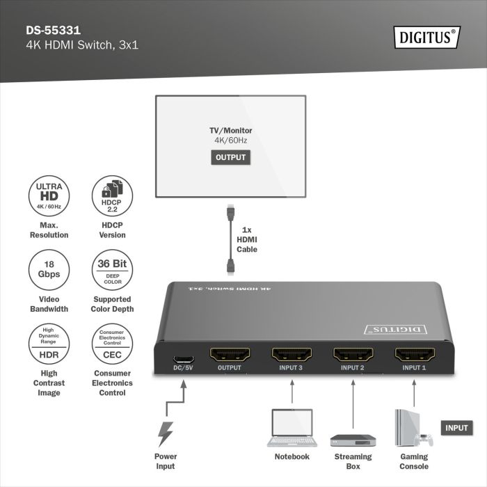 Відеокомутатор DIGITUS UHD HDMI (INx3 - OUTx1), 4K