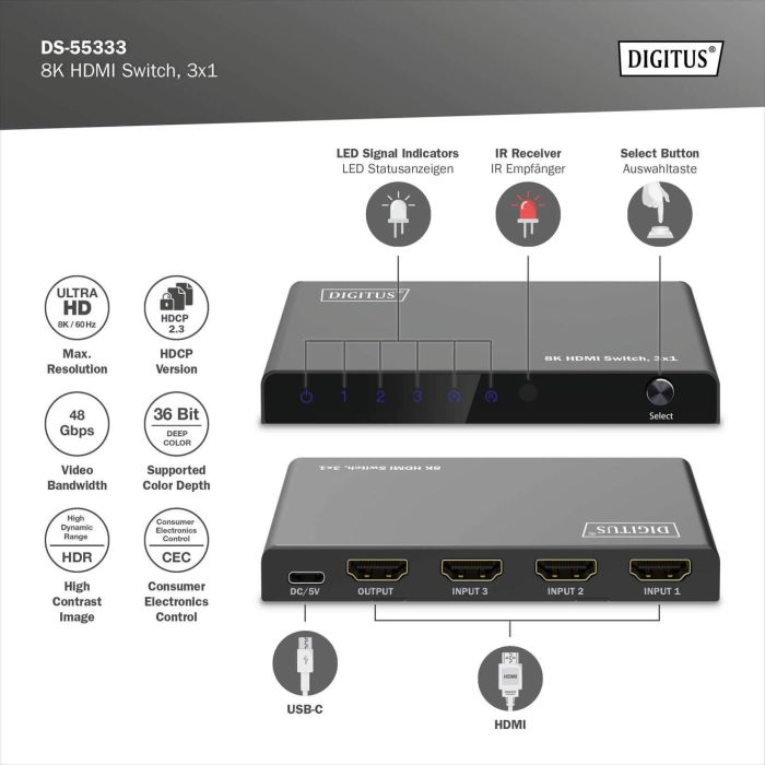 Відеокомутатор DIGITUS UHD HDMI (INx3 - OUTx1), 8K