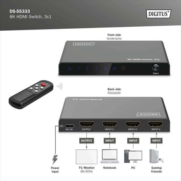 Відеокомутатор DIGITUS UHD HDMI (INx3 - OUTx1), 8K