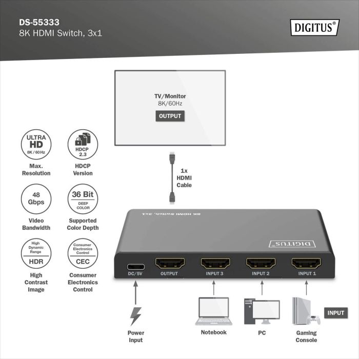 Відеокомутатор DIGITUS UHD HDMI (INx3 - OUTx1), 8K