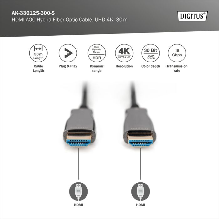 Кабель DIGITUS HDMI UHD 4K, AOC hybrid-fiber, type A M/M, 30м, чорний