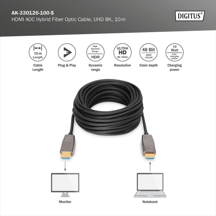 Кабель DIGITUS HDMI UHD 8K, AOC hybrid-fiber, type A M/M, 10м, чорний