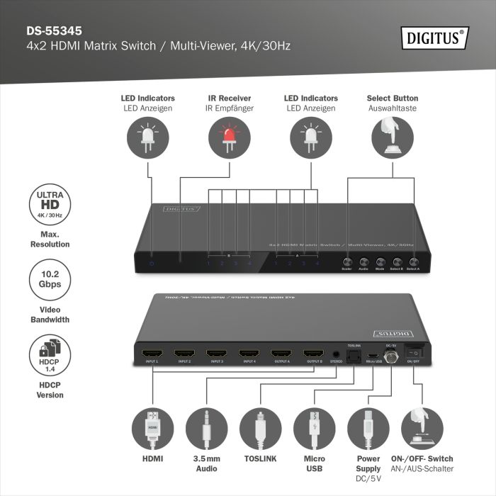 Перемикач DIGITUS 4x2 HDMI Matrix Switch / Multi-Viewer, 4K/30Hz