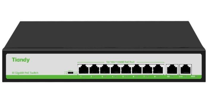 Комутатор Tiandy TC-P3S010 Spec: H/0820/AT/90, 8х10/100Mbps PoE Ports + 2х100/1000Mbps RJ45 Uplink Ports