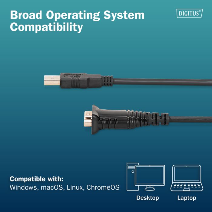 Адаптер DIGITUS USB 2.0 > RS232 (M/M), FT232RNL, 1.8m