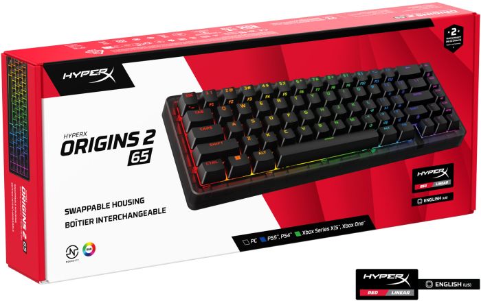 Клавиатура механическая HyperX Alloy Origins 2 65key, Red, USB-A, Hot-Swap, EN/UA, RGB, черный