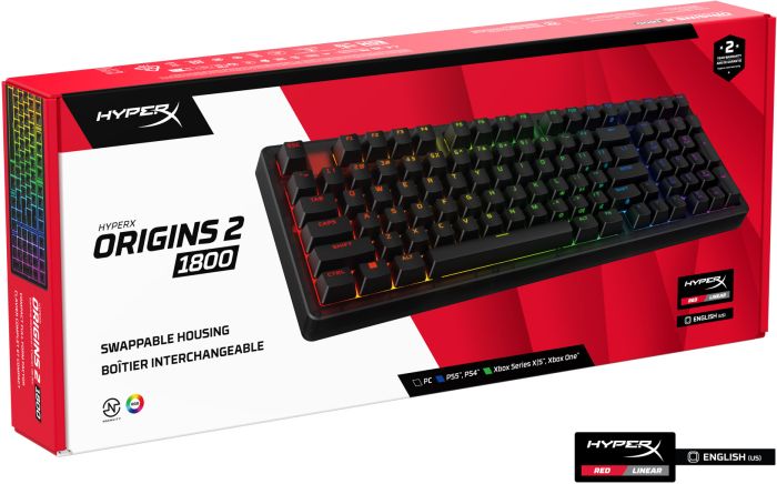 Клавиатура механическая HyperX Alloy Origins 2 1800 103key, Red, USB-A, Hot-Swap, EN/UA, RGB, черный