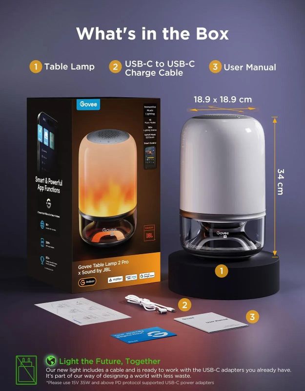Настільний світильник розумний Govee Table Lamp 2 Pro x Sound by JBL, RGBICWW, WI-FI/Bluetooth, білий