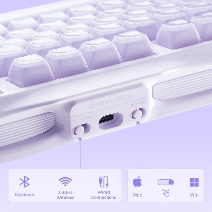 Клавиатура механическая GravaStar Mercury K1 80keys, GravaStar x Kailh Cheery Pink, EN, BT/WL/USB, Lavender Purple