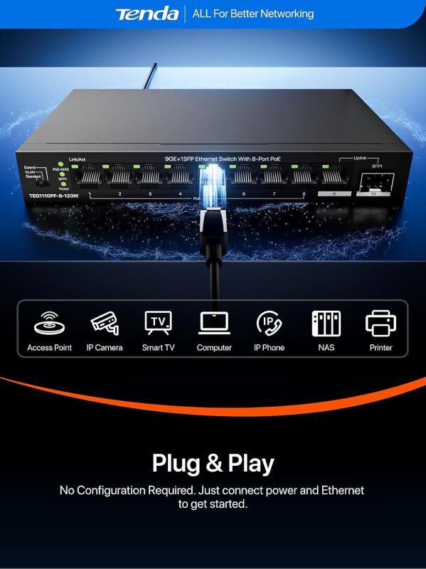 Комутатор TENDA  8xGE PoE, 1xGE, 1xSFP, Некерований Tenda TEG1110PF-8-120W