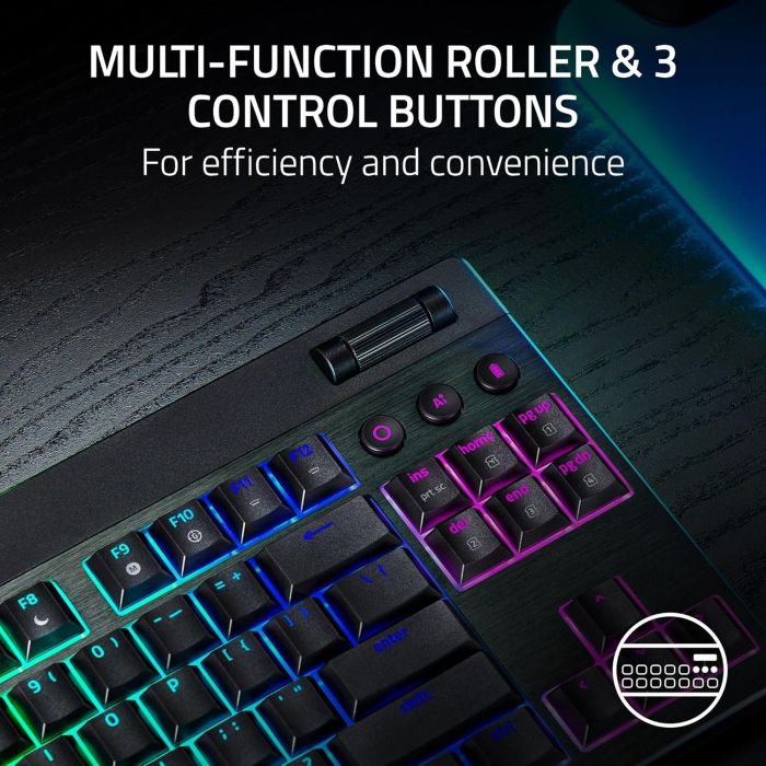 Клавіатура механічна Razer BlackWidow V4 Low-profile TKL HyperSpeed, 87key, Yellow Switch, USB-A/WL/BT, EN, RGB, чорний