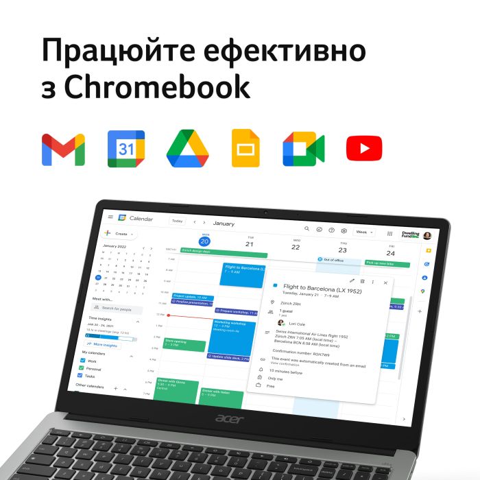 Ноутбук Acer Chromebook CB315-4HT 15" FHD IPS Touch, Intel C N4500, 8GB, F128GB, UMA, ChromeOS, сріблястий